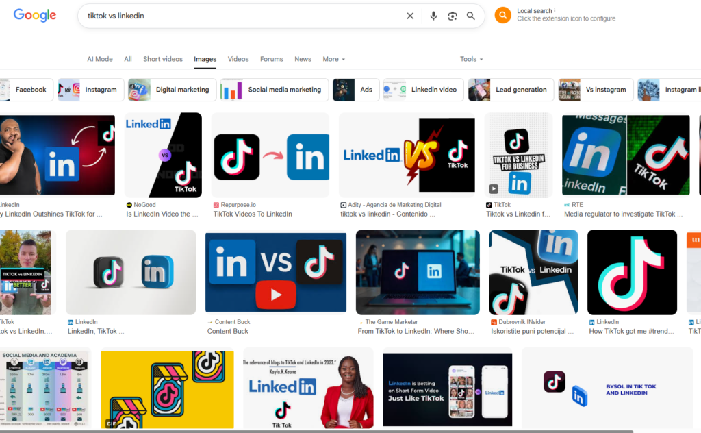 A split-screen comparison of LinkedIn and TikTok for business. The left side shows a professional corporate boardroom setting representing B2B networking. The right side shows a vibrant, creative group of young professionals filming a video, representing viral B2C discovery. A question mark sits in the middle to symbolize the platform choice."