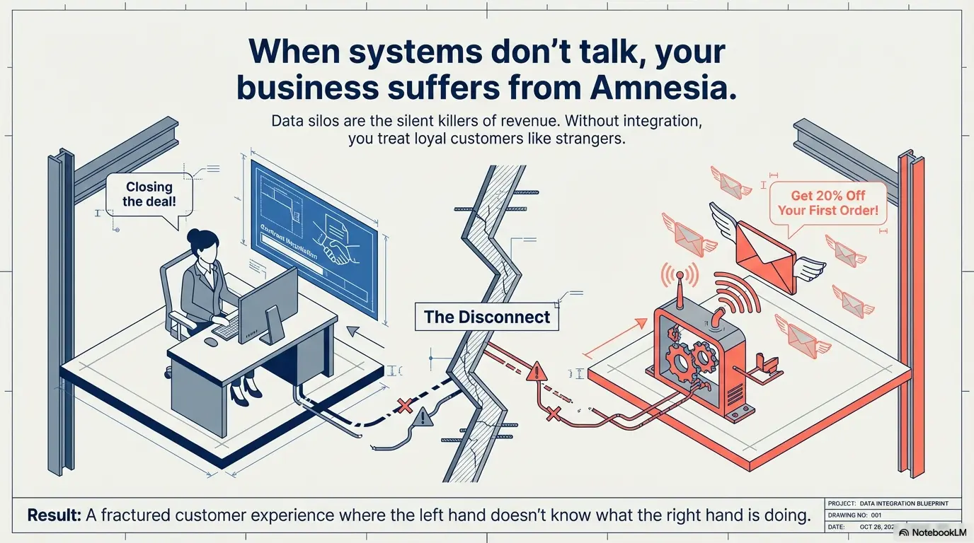 Data flow diagram showing the difference between a CRM system managing sales relationships and an email marketing tool managing one-to-many communication.