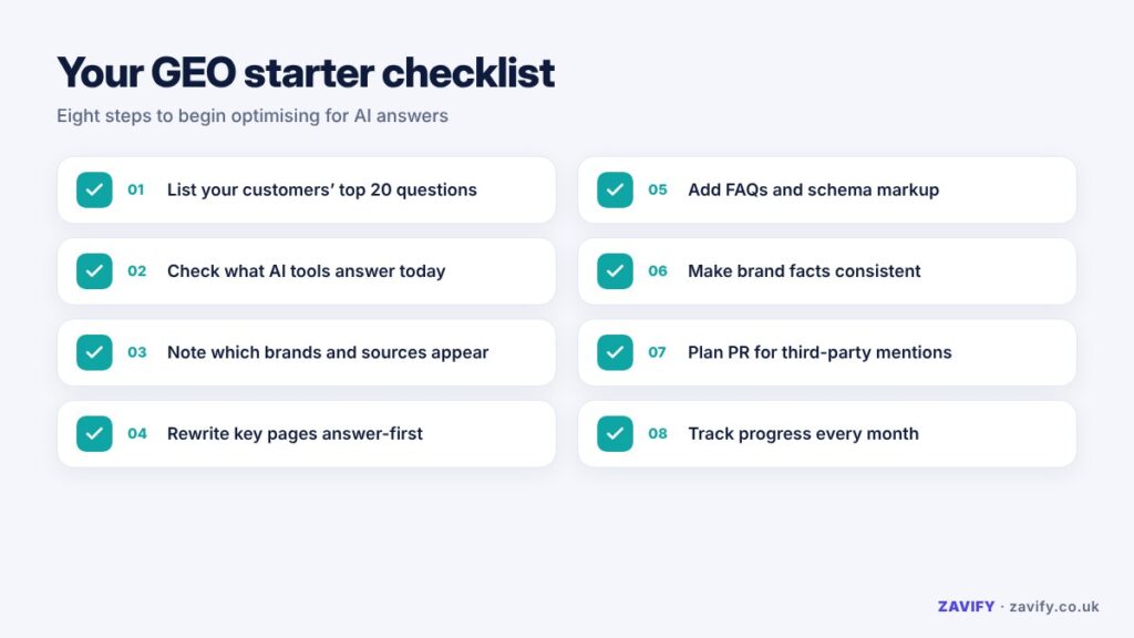 Checklist of first steps for generative engine optimization