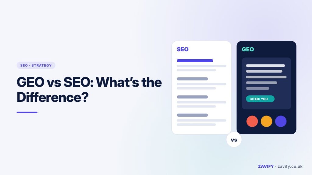 GEO vs SEO illustration comparing search results with an AI-generated answer