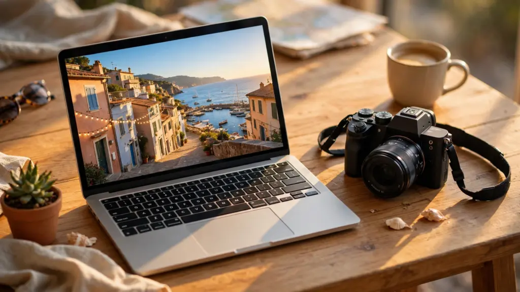 Travel photo being edited on a laptop, with a camera beside it