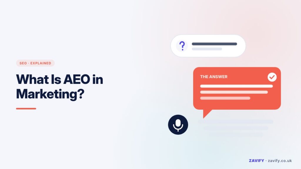 AEO in marketing illustration showing a question matched to a single highlighted answer