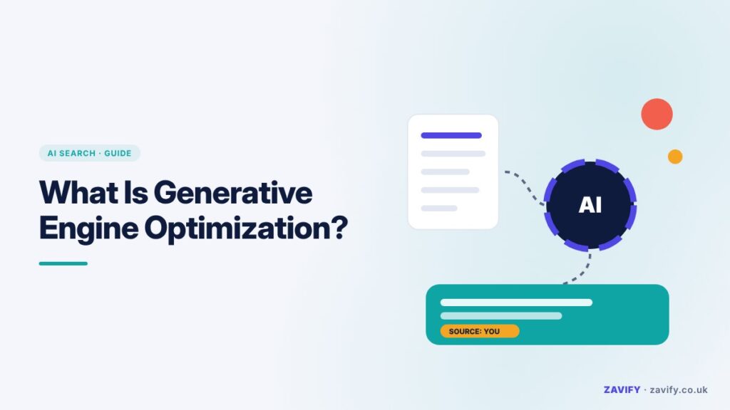 Generative engine optimization illustration showing content flowing into AI and appearing as a cited answer